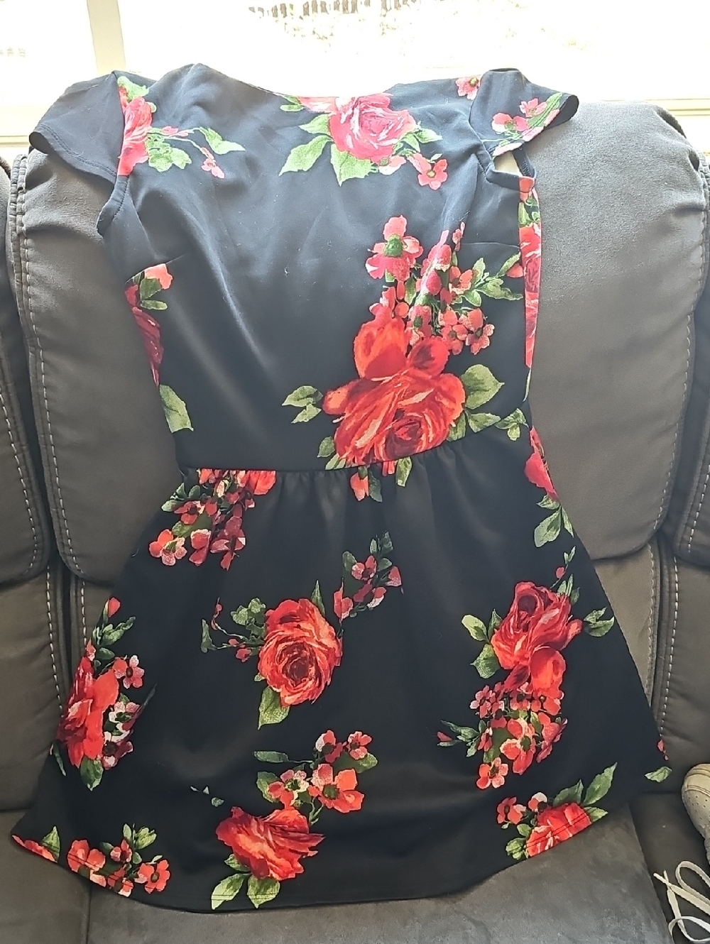 Black Floral Fit-and-Flare Dress with Red Rose Print